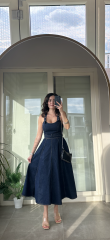 Çapraz Askılı Denim Elbise